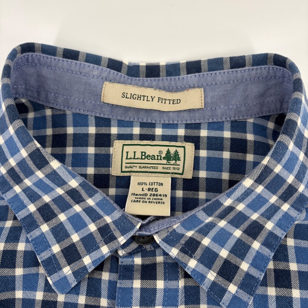 LL Bean Mens Slightly Fitted Gingham Check Cotton Button Down Shirt Blue L - Picture 2 of 9